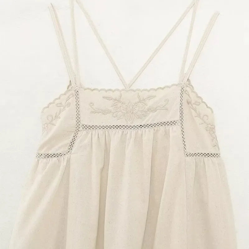 LBSFY -Fashion Embroider Linen Blended Casual Beach Dress Loose Backless Vacation Dress 2025 New Square Collar Fashion Vestidos