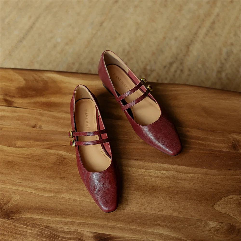 LBSFY  -  Luxury Sheepskin Leather Thick Heels Pumps For Women Elegant Mary Jane Buckle Fashion Party Wedding Shoes Woman Pumps