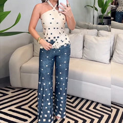 LBSFY  -  Two Piece Suit 2024 Summer Women Casual Printed Halter Sleeveless Solid  Slim Top Fashion Wide Leg Pants Sets Streetwear