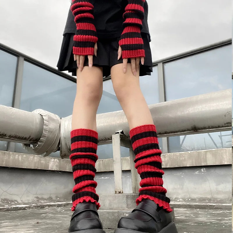 Lbsfy Lolita Long Socks Women's Leg Warmers Red Black Strip Arm Warmer Keep Sleeve Autumn Winter Crochet Socks Boot Cuffs Accessories