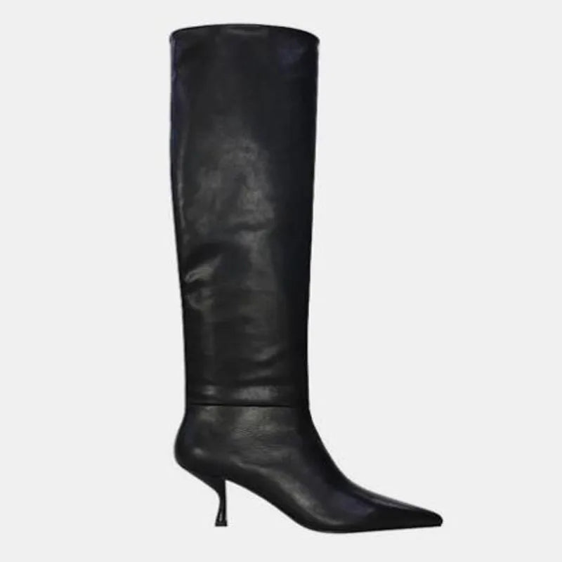 LBSFY  -  New Black White Solid Leather Strange Heels Tube Slip On Knee High Boots Women Fashion Pointed Toe Long Botas Shoes Size 45