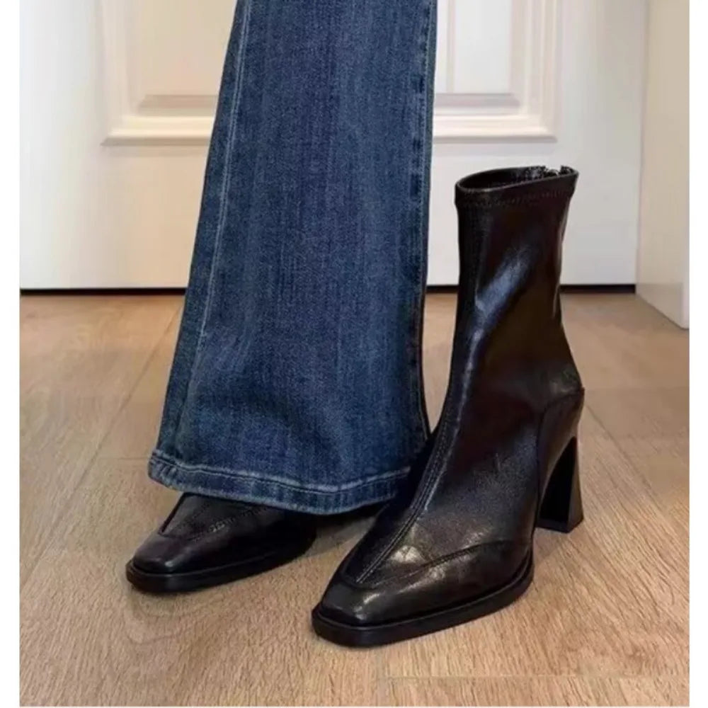 LBSFY -2025 Vintage High Heel Women Ankle Boots Fashion Square Toe Short Booties Autumn Winter Ladies Shoes Botas Mujer