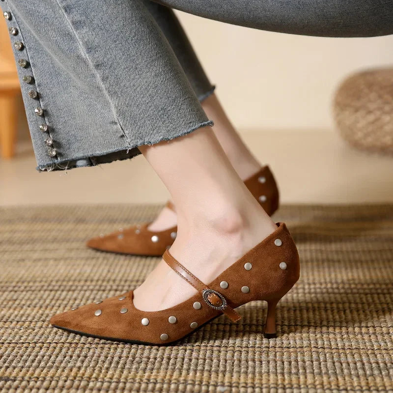 LBSFY  -  Rivet Designer High Heels Women Pointed Toe Elegant Office Women Shoes Spring Autumn Fashion Suede Low Heel Mules Pumps Women