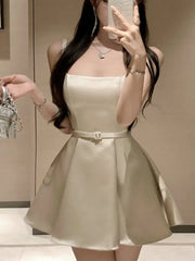 LBSFY -Elegant Vintage Sexy Satin Mini Dress Solid Square-Collar Slim Waist Ball Gown Korean Chic Evening Party Prom Female Clothes