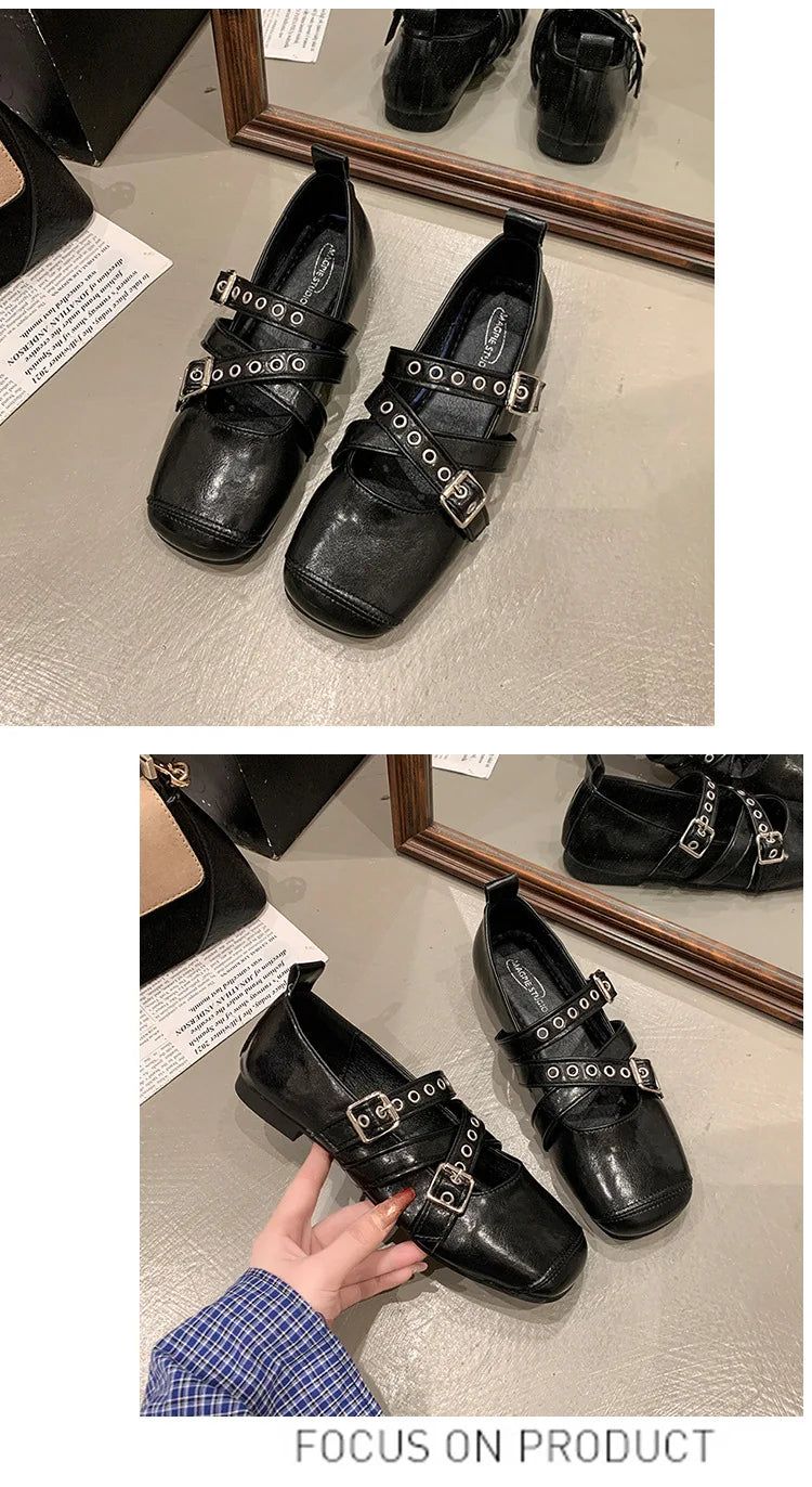 LBSFY -Designer Spring Women Mary Jane Shoes Fashion Square Toe Ladies Comfort Soft Sole Flats Women's Belt buckle Ballerinas Shoes