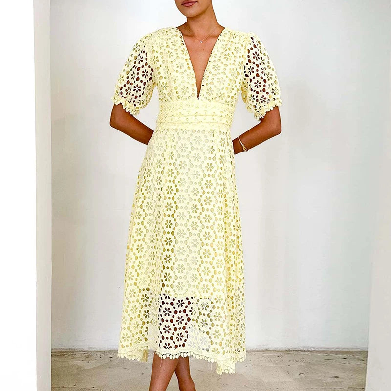 LBSFY  -  Women Elegant Puff Sleeve Solid Color Party Dress Fashion Hight Waist Slim Long Dress Sexy V-neck Lace Hollow Out Evening Dress