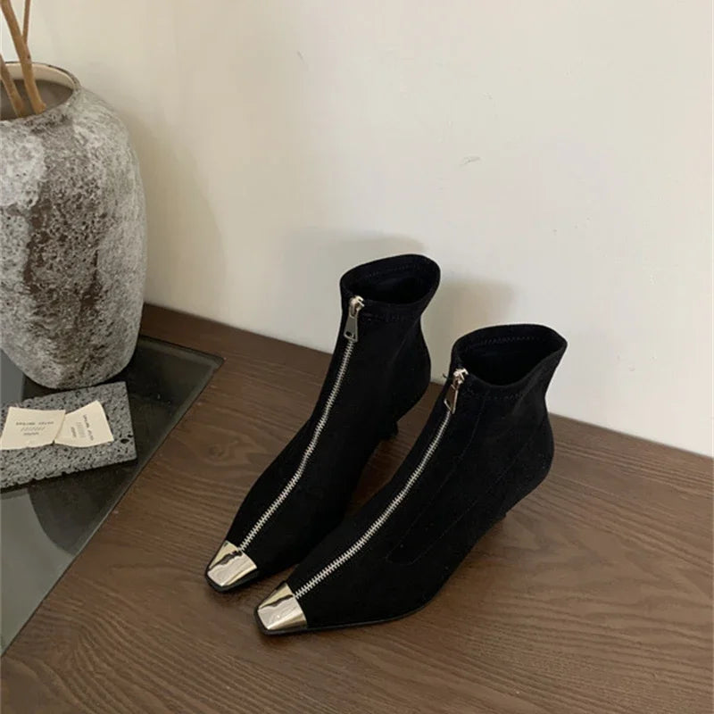 LBSFY  -  Metal Pointed Short Boots Autumn/Winter Thin Heel Front Zipper High Heel Imitation Suede Ankle Boots Short Heel Woman Shoes35-39