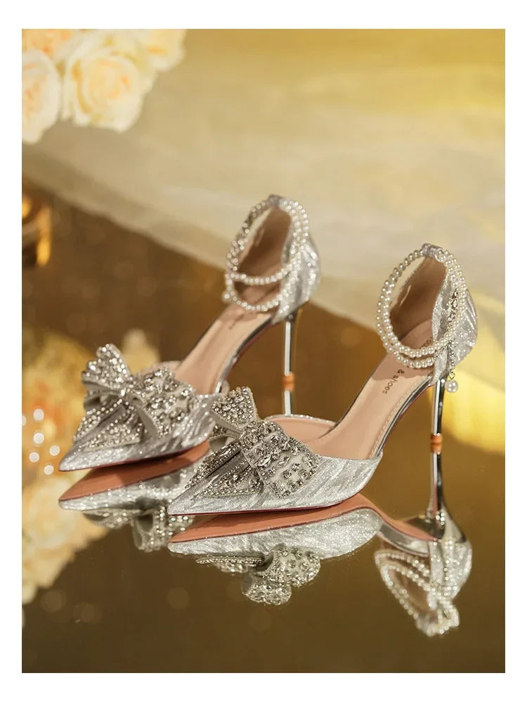 LBSFY -Spring Summer Fashion Pointed Toe Sandals Women's Rhinestone Pearl Butterfly Gold Silver High Heels Party Wedding Heeled Shoes