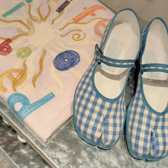 LBSFY  -  Tabi Shoes Split-toe Sky Blue Gingham Cotton Ballet Flat Summer Loafers Mary Jane Shoes Women 2024 Trend Sale Free Delivery