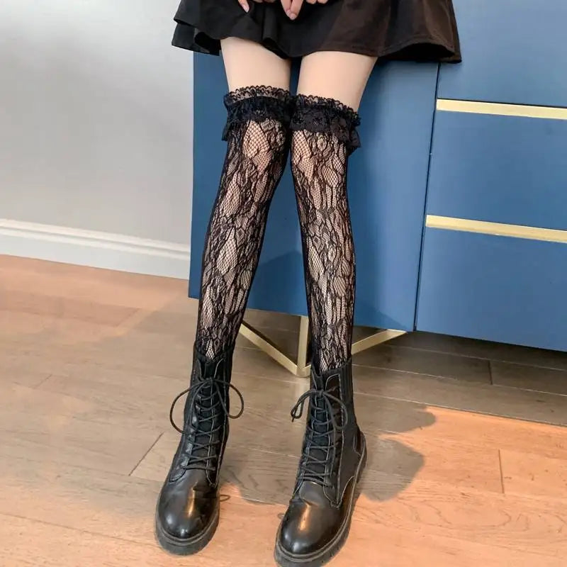 Lbsfy Stockings Woman Summer Thin Lace Hollow White Thigh High Lolita Socks for Women JK Cute Black Long Stockings