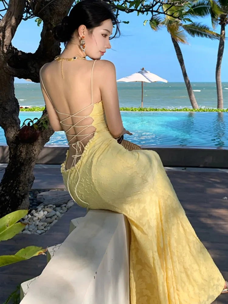 LBSFY -Women's Sexy Elegant Bodycon Party Dress Summer Yellow Lace-up Evening Spaghetti Strap Dresses 2025 New Chic Beach Holiday Robe