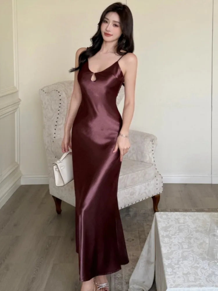 LBSFY -Summer Spring Satin Womens Dresses Sexy Spaghetti Strap V-neck Evening Party Long Dress Slim Waist Vestidos Robe Female Clothes