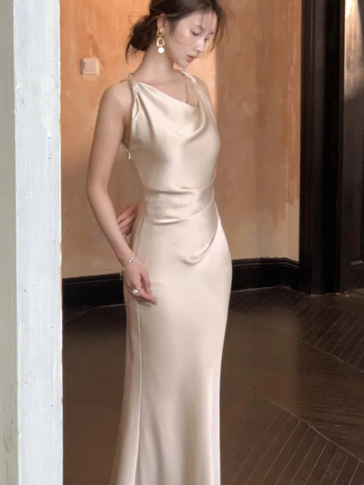 LBSFY -Women's Summer Party Elegant French Dresses Sexy Satin Swing-Collar Slim Bodycon Evening Mermaid Dress Chic Prom Female Clothes