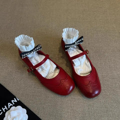 LBSFY -Retro Flat Bottom Mary Jane Shoes Spring Summer New Style Red Slip-On Women's Flats round Toe Low Heel Floral Patterned Pumps