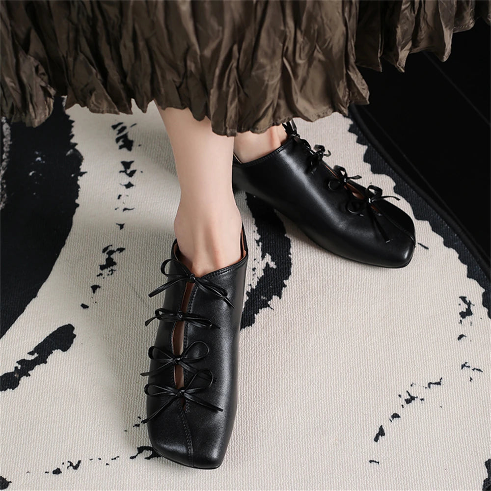 LBSFY  -  2025 Women Genuine Leather Square Toe Thick Heel Mature Sweet Dating Bowtie Party Wedding Shoes Woman Prom Pumps