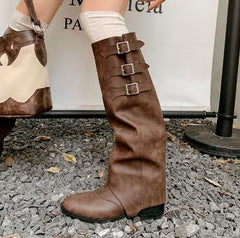 LBSFY  -  Hot Girls Brown Black Real Cow Leather Belt Buckles Round Toe Rivet Slip On Knee High Boots 4 CM Med Heels Two Ways Wear Boots
