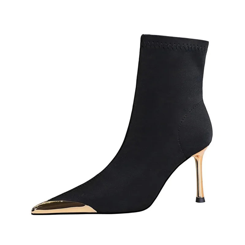 LBSFY -New Style Women's Concise Black Women Ankle Boots Pointed Toe Design Metal Decoration High Stiletto Heels Shoes Zapatos Mujer