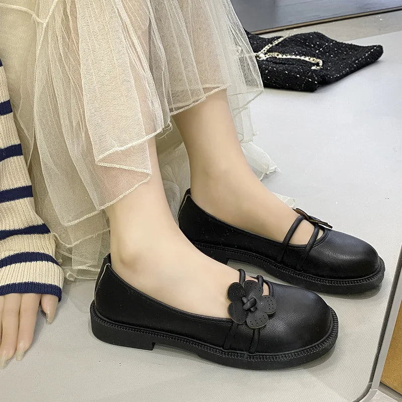 LBSFY  -  Retro Leather Flower Mary Jane Shoes for Women Spring Autumn Soft-soled Women's Designer Shoes Fashion Casual Low Heels Female