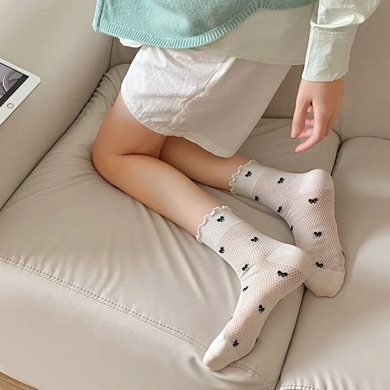 Lbsfy Women's Socks Spring Summer Bamboo Fiber Bow Girls Ruffle Socks Lolita Kawaii Simple Black White Thin Mesh Breathable Girls Gift