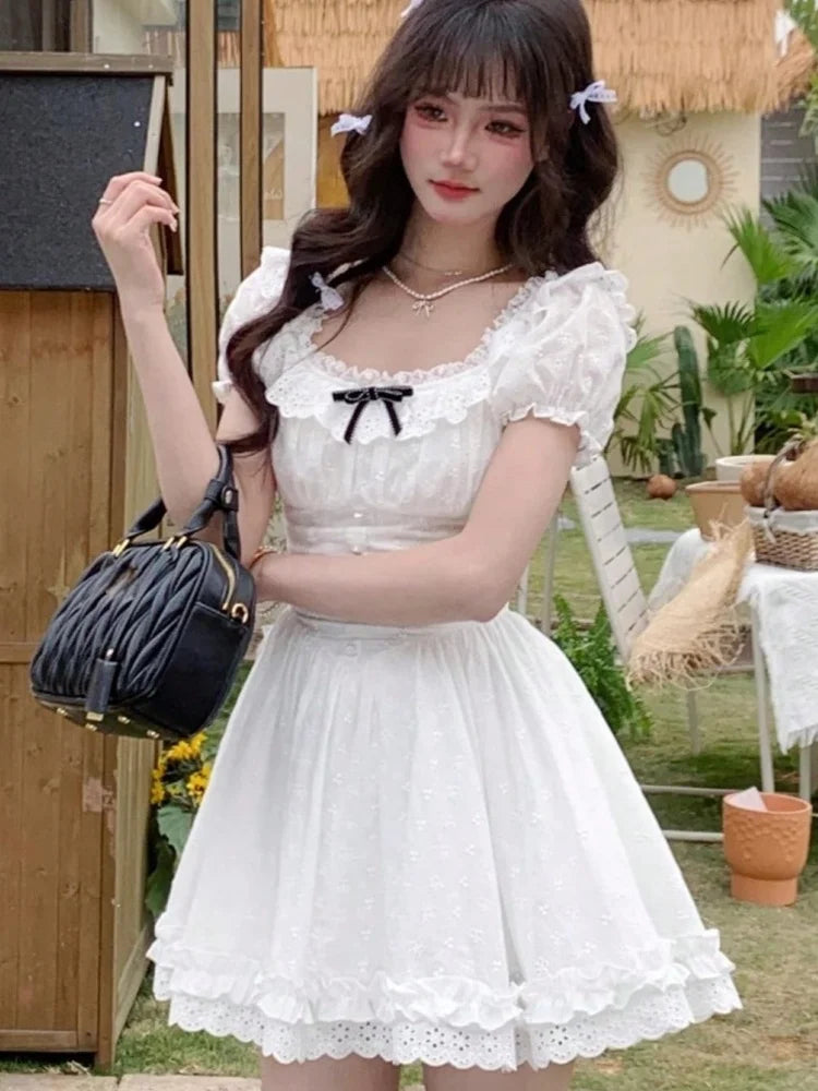 LBSFY -Chic 2025 Summer Sweet Lace Spliced Birthday Party Dress Women Square-Collar High Waist Bubble Short Sleeve A-Line Short Dresses
