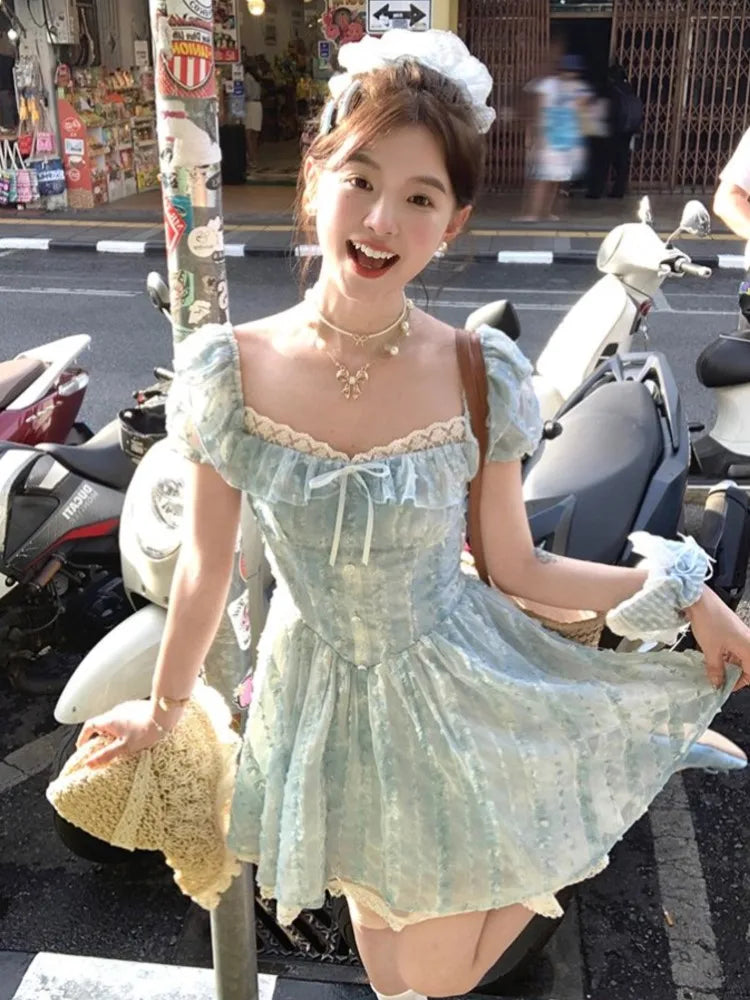 LBSFY -Y2K Sweet Korean Preppy Style Mini Dress Lace Puff Sleeves Square-Collar A-Line Slim Waist Woman Dresses French Elegant New