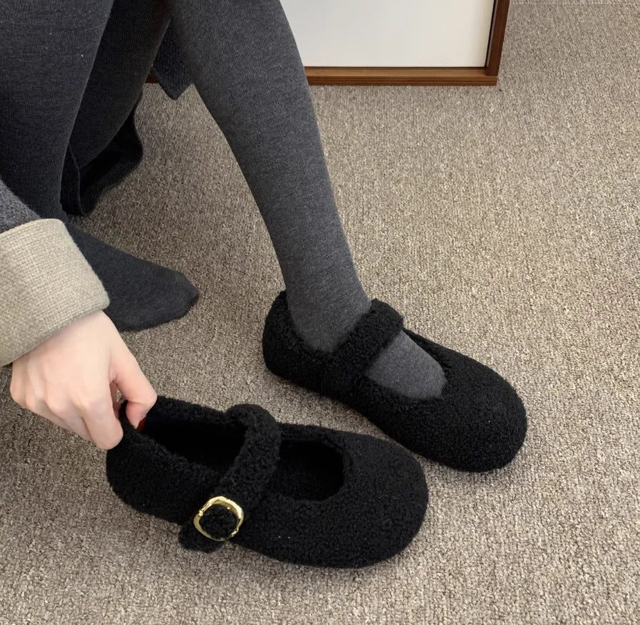 LBSFY -Fashion Round Toe Wool Ballet Flats Woman Concise Warm Plush Loafers Ladies Brand Design Fluffy Mary Jane Shoes in Red Grey