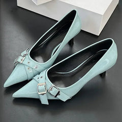 Lbsfy Elegant Patent Leather Metal Belt Buckle Designer Women Pumps Sexy Pointed Toe Thin High Heels High Quality Mary Jane Mules Shoe