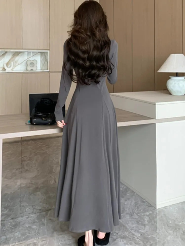 LBSFY -Women's Solid Maxi Dress Casual Korean Chic Long Sleeve U-Neck Slim Fit A-Line Autumn Sexy Prom Robe Vestidos Mujer New Clothes