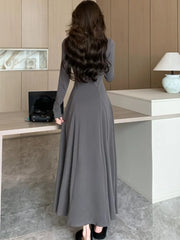 LBSFY -Women's Solid Maxi Dress Casual Korean Chic Long Sleeve U-Neck Slim Fit A-Line Autumn Sexy Prom Robe Vestidos Mujer New Clothes