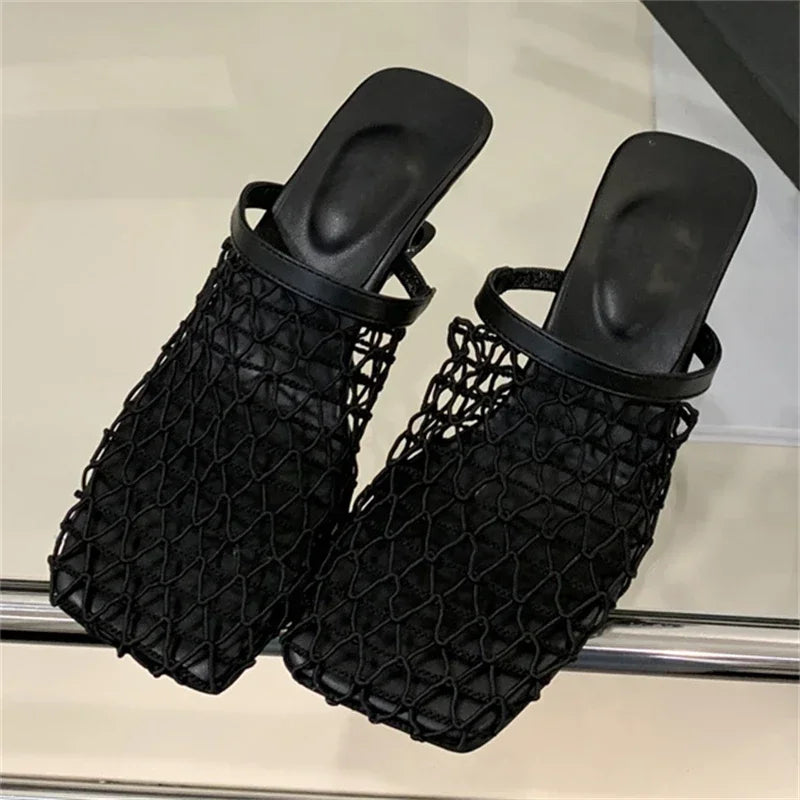 LBSFY -Design Breathable Mesh Slippers Woman Pumps Elegant Square Toe Strange Low Heels Party Ladies Slide Mule Shoes