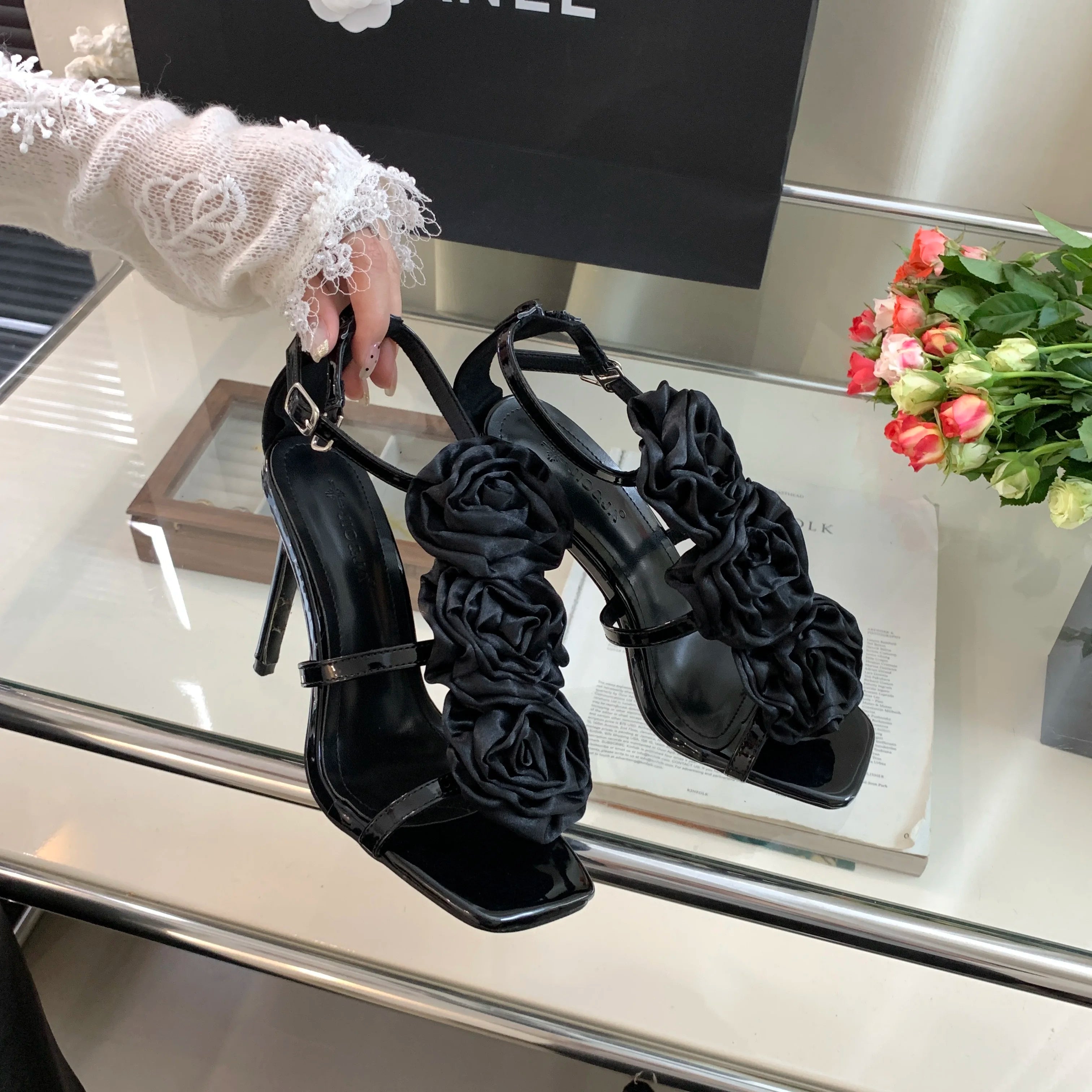 LBSFY  -  Flower Heeled Sandal Luxury Silk Rose Flower Open-toe Stiletto Women's Shoes Roman Sandals 35-40 Sizes High Heels