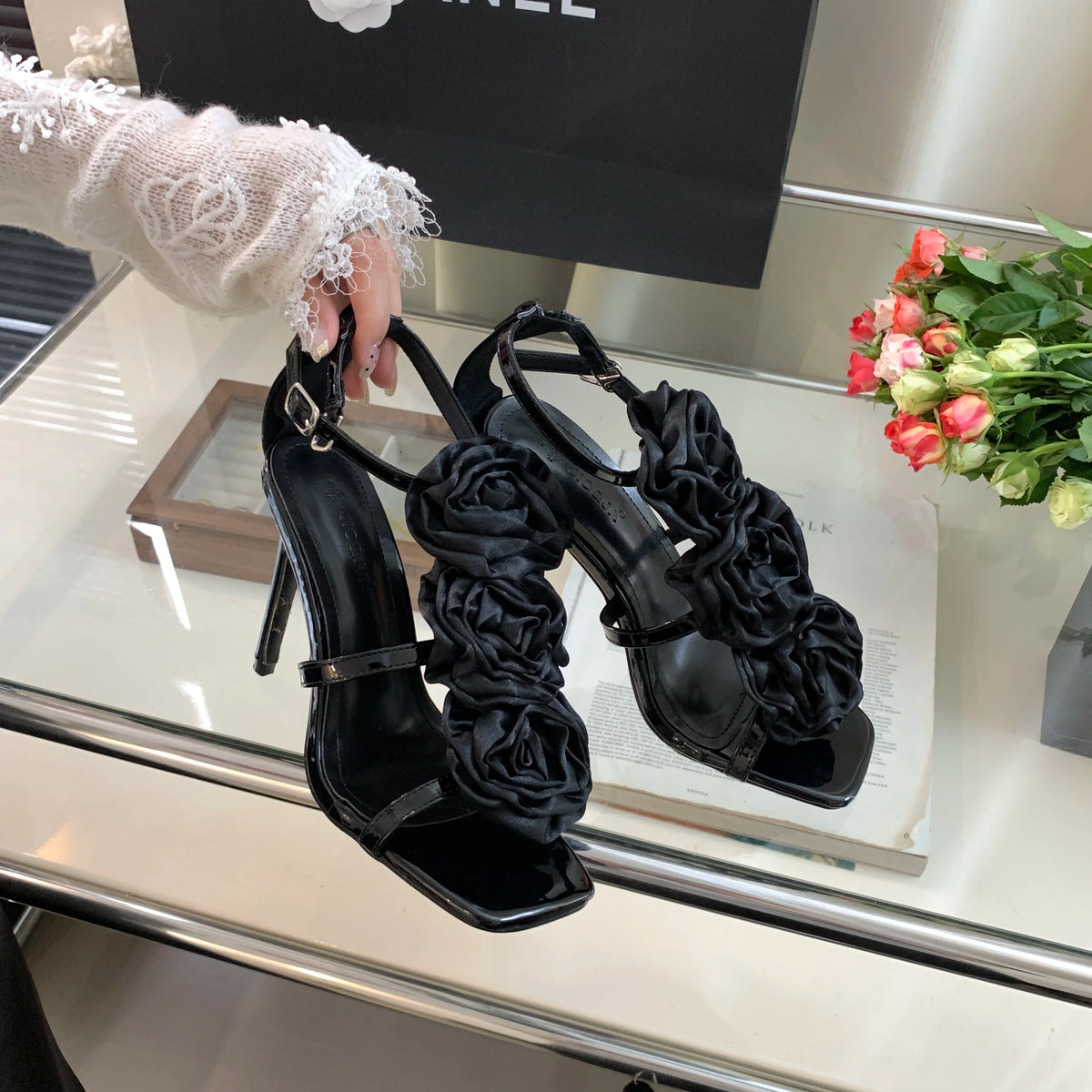 LBSFY  -  Flower Heeled Sandal Luxury Silk Rose Flower Open-toe Stiletto Women's Shoes Roman Sandals 35-40 Sizes High Heels