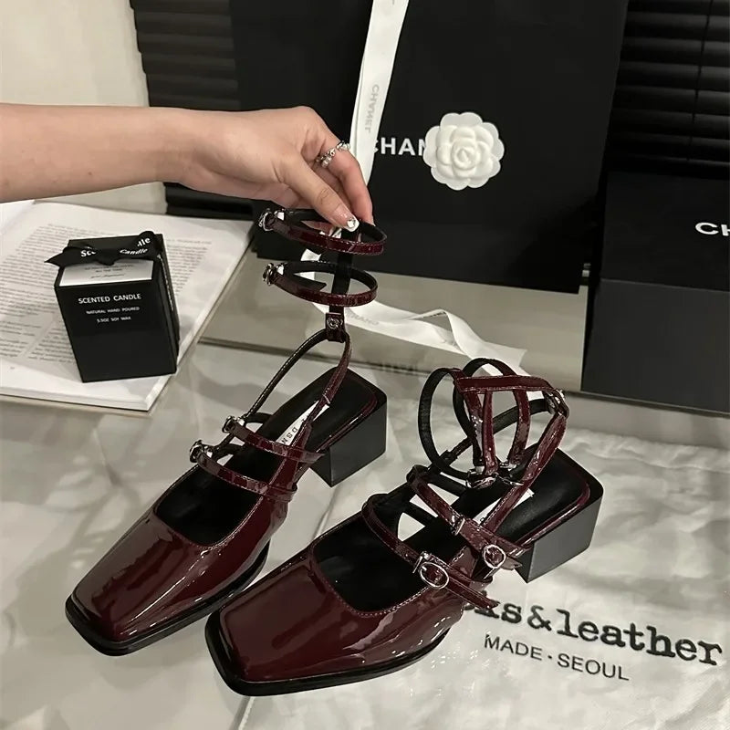 LBSFY  Summer Thick Heel Women Sandals Fashion Square Toe Cross Ankle Strap Shoes Ladies Elegant Party Dress Sandalias