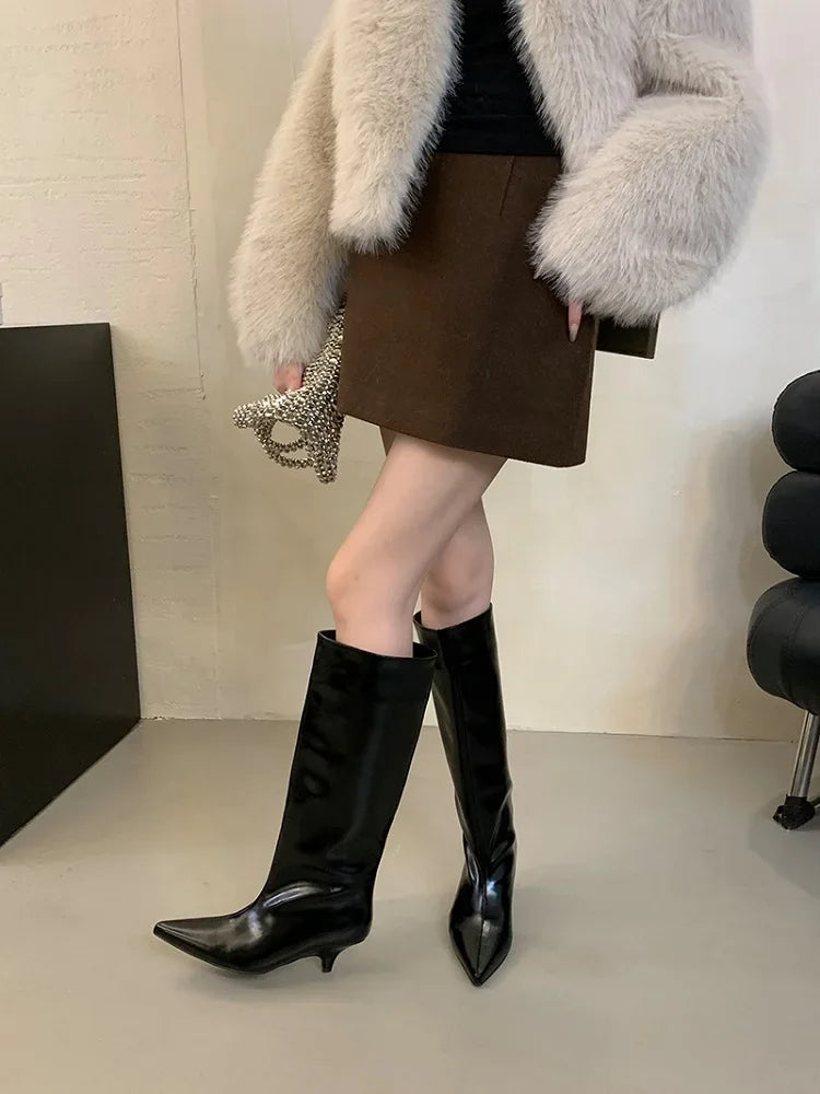 LBSFY -Winter New Fashion Knee-High Boots Women Pointed Toe Elegant Thin Low Heel Casual Ladies Pumps Shoes Long Botas Mujer