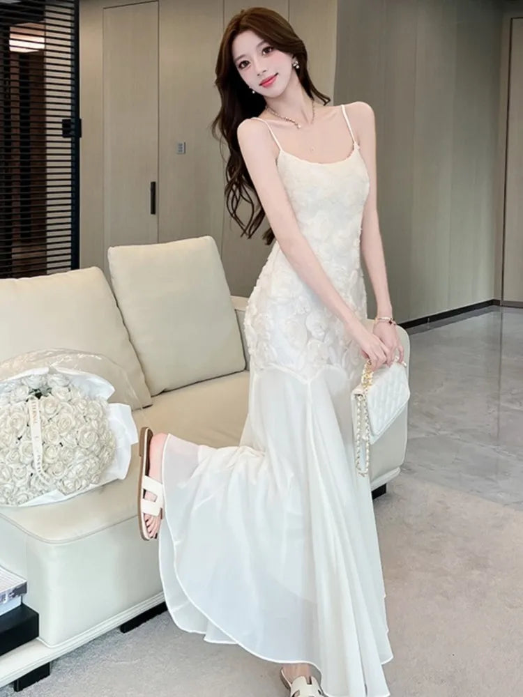 LBSFY -French Elegant Rose Mermaid Dresses For Women Summer Waist Embroidery Cinching Camisole Dresses Wedding Evening Party Prom Gown