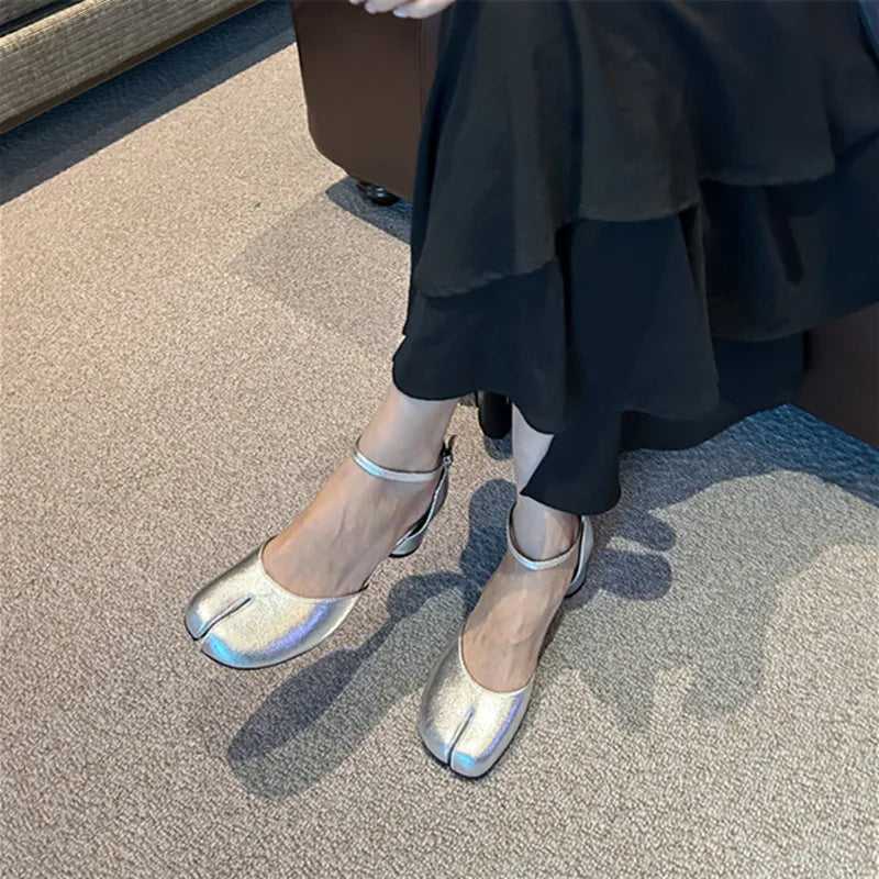 LBSFY -Fashion Tabi Ninja Women Shoes Round Split Toe Shallow Thick Heel Sandals Mid Heel Mary Janes Shoes Female Pumps Mujer