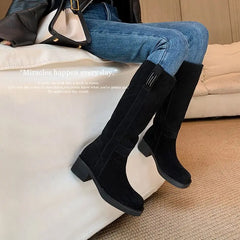 LBSFY  -  Cow Suede Knee High Boots Women Slip On Square Mid Heels Thick Fur Warm Winter Boots Handmade Retro Shoes