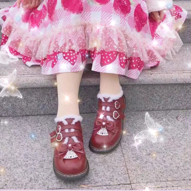 LBSFY  -  Jk School Sweet Student Lolita Shoes Vintage Round Head Plus Velvet Women Shoes Cute Bowknot Warm Kawaii Shoes Loli Boots