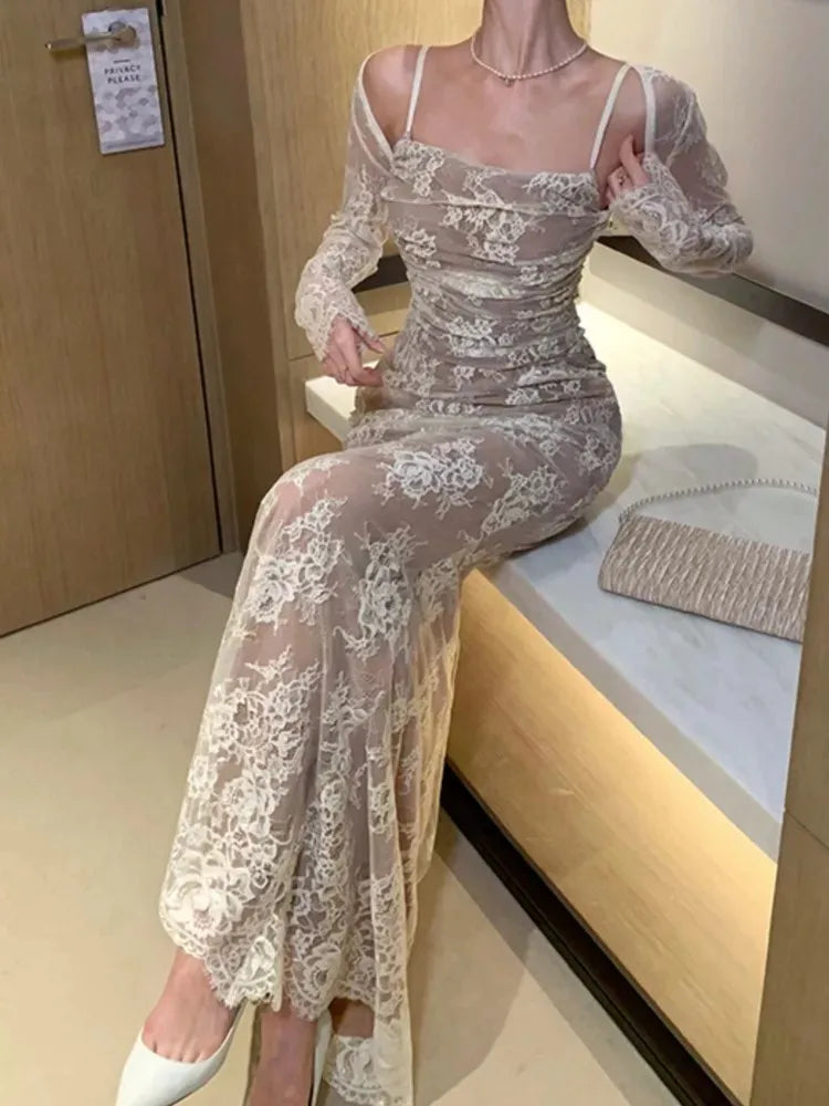 LBSFY -Elegant Bodycon Slim Lace Dress Women Sexy Vintage Casual Backless Bandage Party Dresses Female Fashion Long Robe Clothes Autumn
