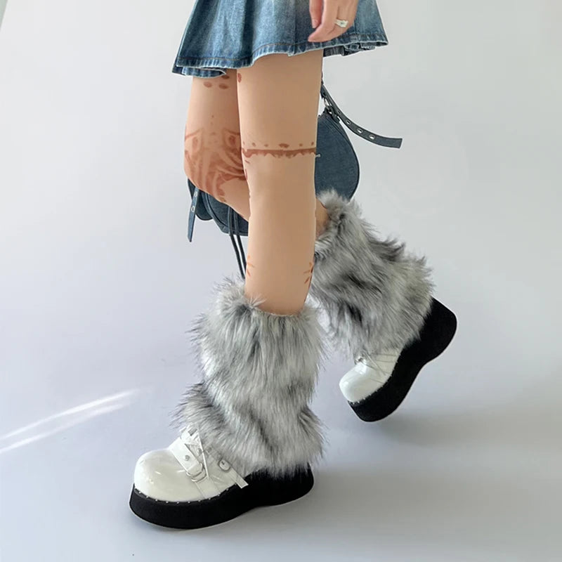 Lbsfy New Gray Imitation Wolf Fur Leg Warmers Y2k Girl Winter Warm JK Furry Boots Socks Gothic Punk Jk Knee-length Hiphop Stockings