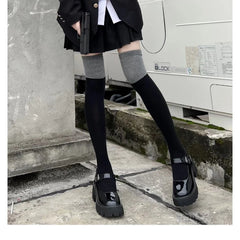 Lbsfy Socks Woman Autumn Winter Thin Warm Lolita Cute Thigh High Long Stockings Black Grey Patchwork JK Versatile Socks for Women