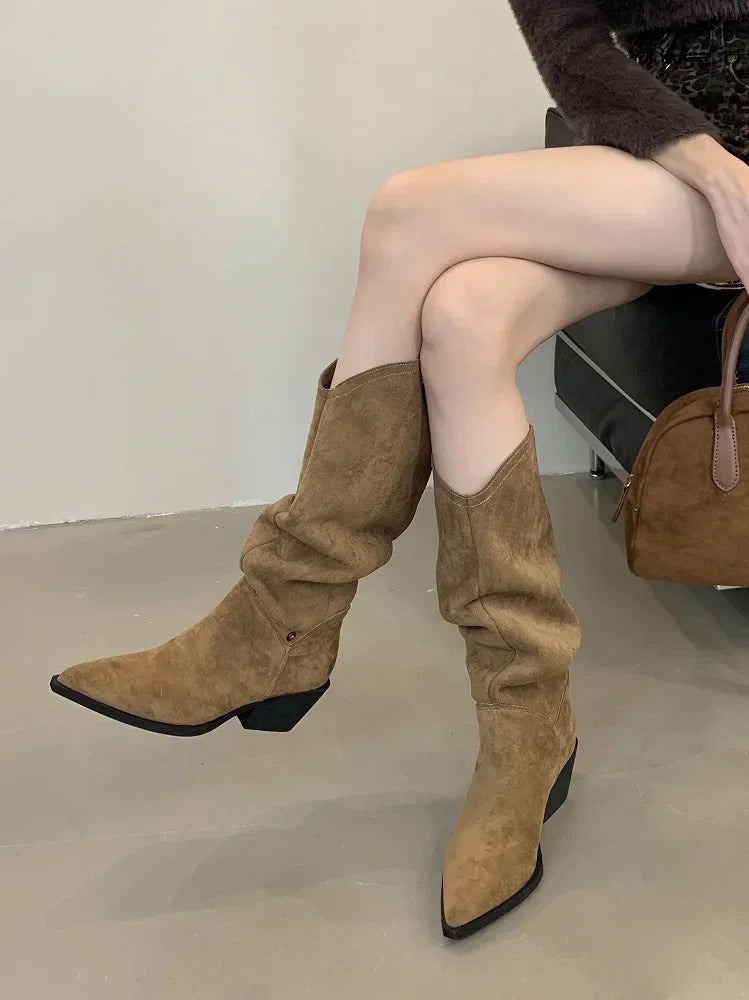 LBSFY -Retro Style Fold Button Women Knee-High Boots Fashion Pointed Toe Square Low Heels Casual Dress Ladies Shoes