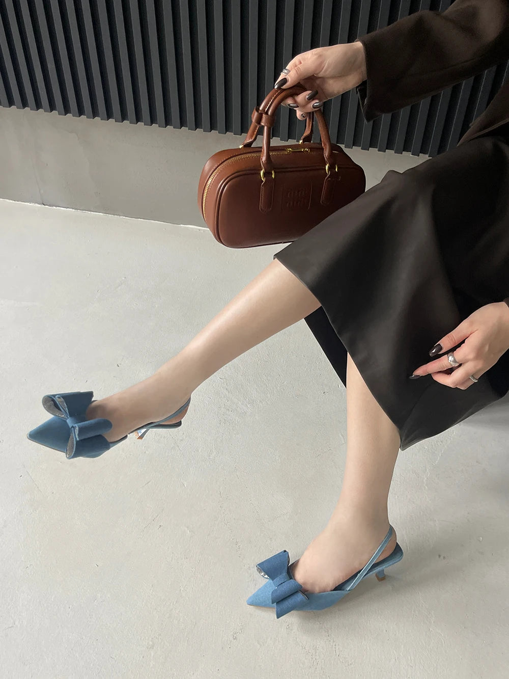 LBSFY  - Pointed Toe Women Sandals Bow Design 2024 New Arrivals Party Pumps Thin Mid Heels Back Strap Denim Cloth Sandals Elastic Strap