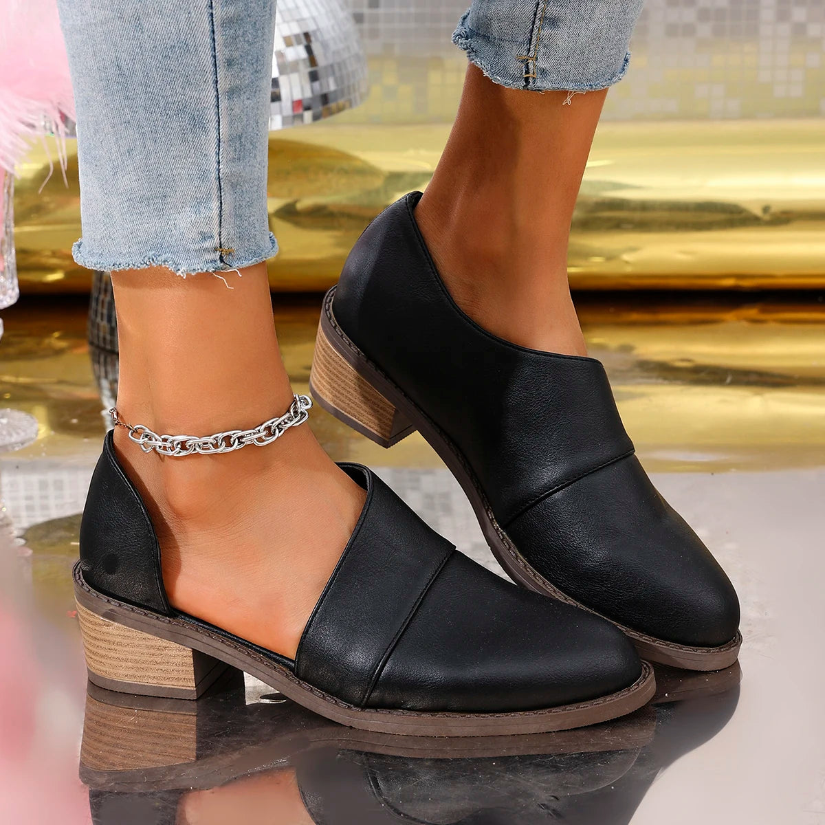 LBSFY -Women's Chic Pointed Toe Low Top Chunky Heel Shoes Side Cut Out Design Oxford Shoes Casual Open-toe Low-heeled Leather Shoes