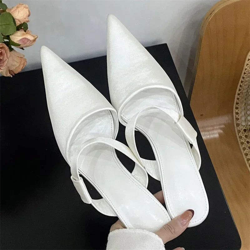 LBSFY -Spring Summer Satin Hollow Mules Women Slippers Elegant Pointed Toe Thin High Heels Dress Ladies Shoes