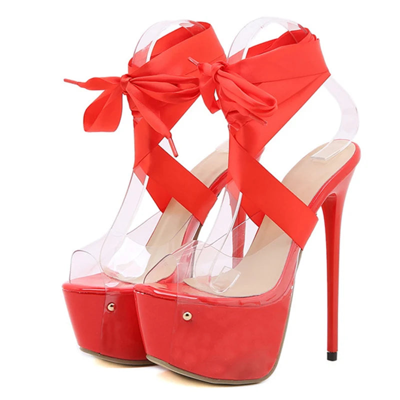 LBSFY  -Sexy Red Thigh High Lace-Up Platform Sandals Women 16.5 CM Transparent Shoes Stiletto Peep Toe Nightclub Stripper Heels