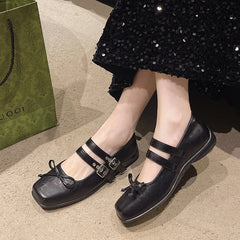 LBSFY -New Style Women's Square Toe Shoes Luxury Bow Flats Ladies Ballet Silver Belt Buckle Footwear Elegant Fashion Mary Jane Shoes