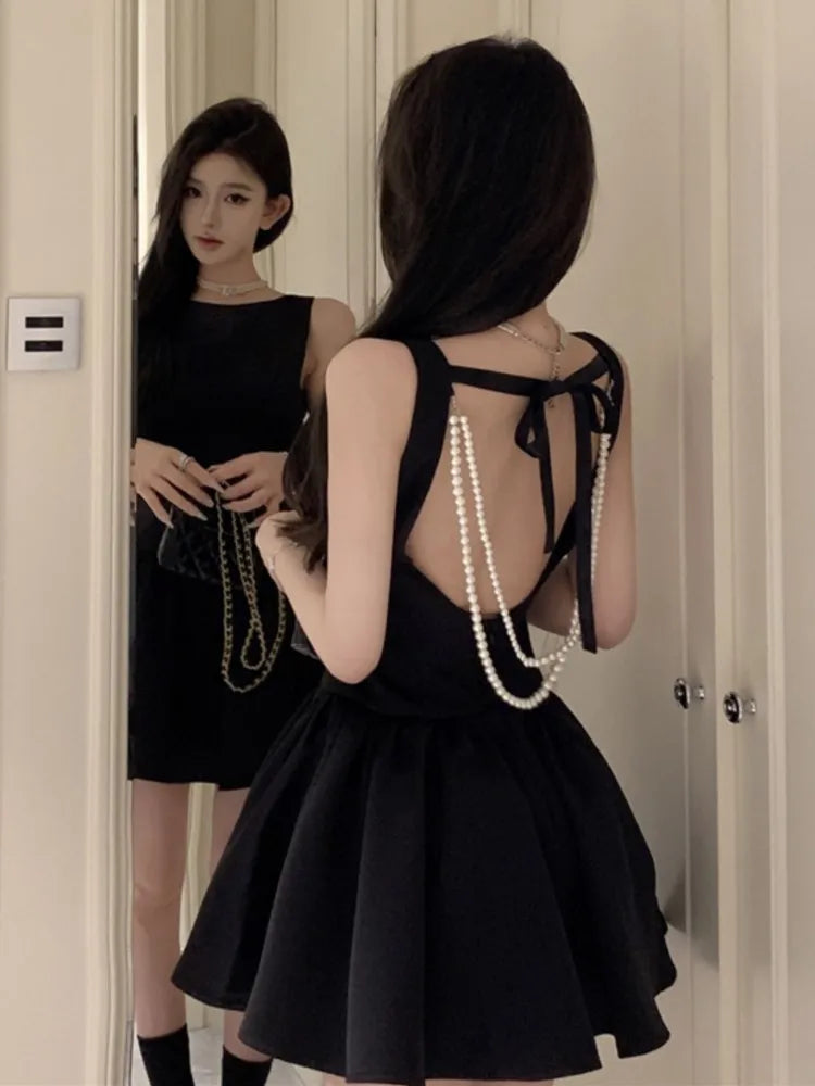 LBSFY -Summer 2025 Chic Elegant Black Evening Party Women Princess Dress Pearl Chain Backless Wedding Guest Travel Short Dresses New