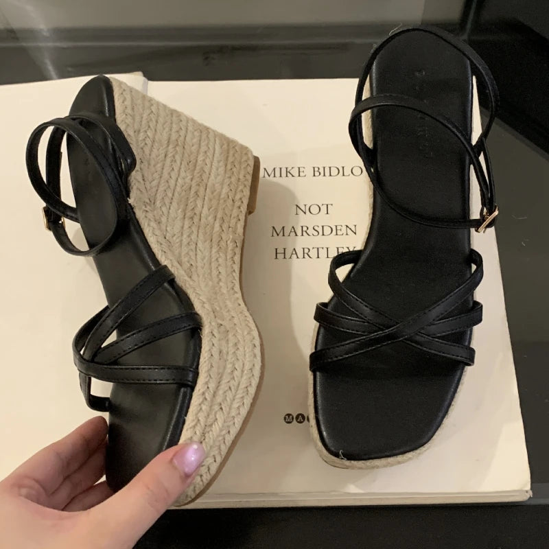Lbsfy Summer New Weave Platform Sandals Women Fashion Narrow Band Open Toe Wedge Rome Sandals Ladies High Heels Sandalias De Mujer