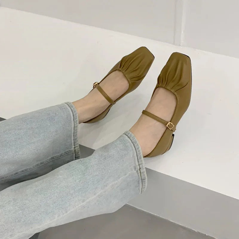 LBSFY -Women Flats Brand Design Square Toe Women Ballet Shoes Casual Buckle Strap Female Dress Shoes Low Heels Mujer